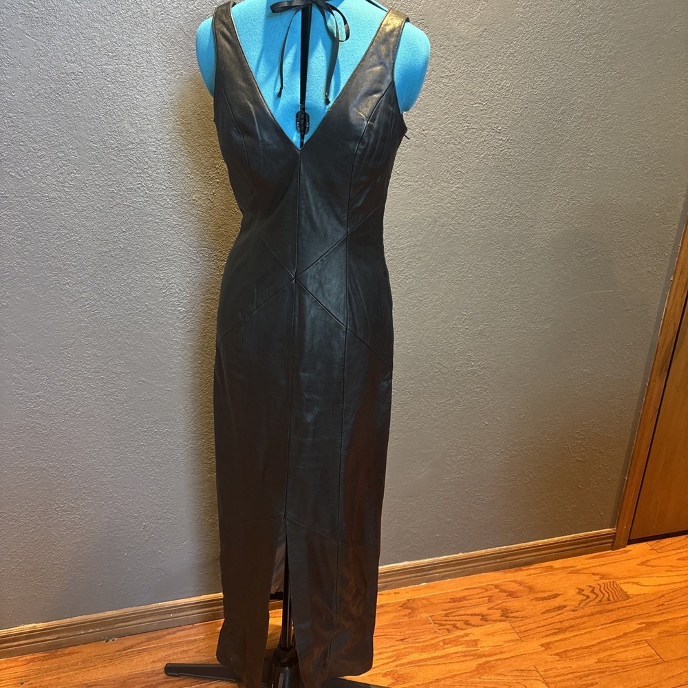 Harley Davidson Sleeveless 36 8 Black Leather Evening Gown Dress SEXY V-neck Y2K